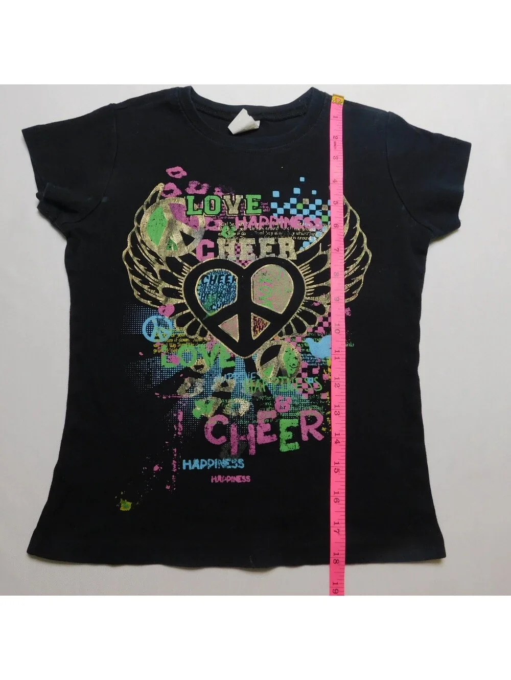 Vintage Cheer Love Happiness T Shirt Youth L Black Peace Sign Wings Y2K Graphic